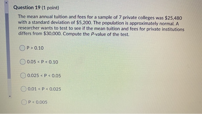 Solved Question 19 (1 point) The mean annual tuition and | Chegg.com