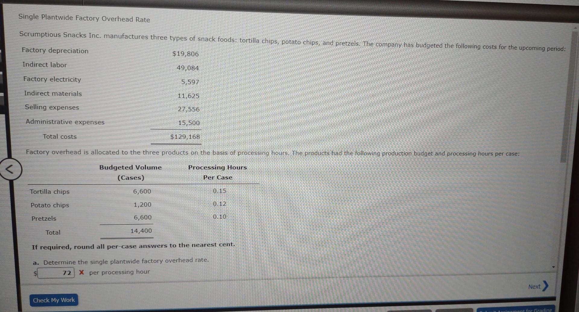 Single Plantwide Factory Overhead Rate
Scrumptious Snacks Inc. manufactures three types of snack foods: tortilla chips, potat
