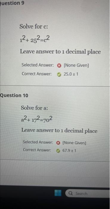 Solved Solve for c: 12+252=c2 Leave answer to 1 decimal | Chegg.com