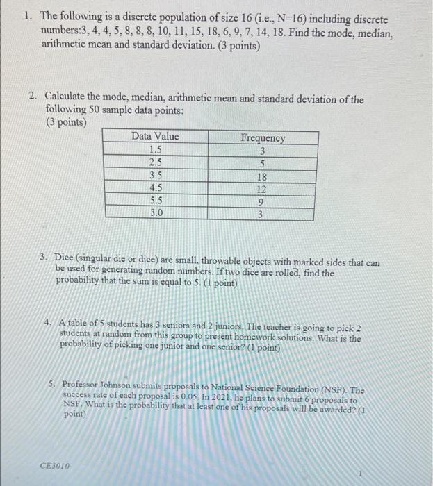 Solved a 1. The following is a discrete population of size | Chegg.com