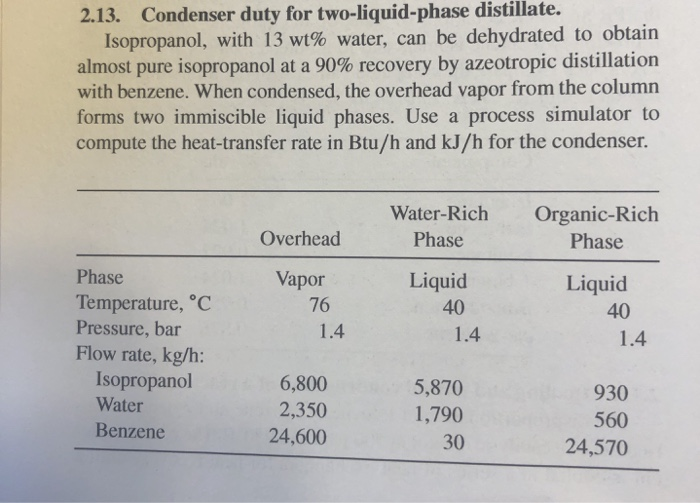 Solved 2.13. Condenser duty for twoliquidphase distillate.