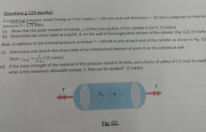 Solved Question 2 (20 marks) A cylindrical pressure vessel | Chegg.com