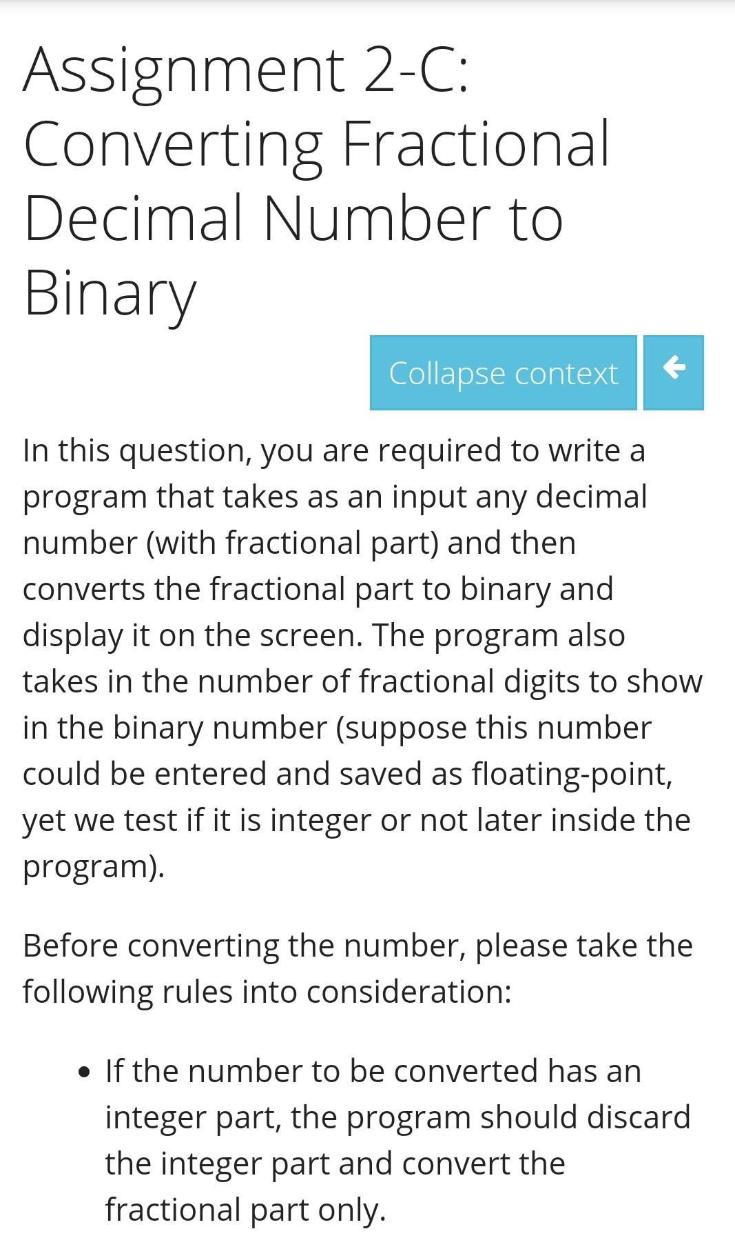 Solved Assignment 2-C: Converting Fractional Decimal Number | Chegg.com