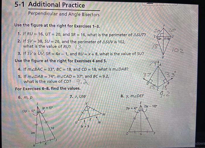 Solved 5-1 Additional Practice Perpendicular and Angle | Chegg.com
