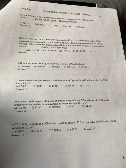 Chem 30A FINAL EXAM PRACTICE WORKSHEET Name_ 4) How | Chegg.com