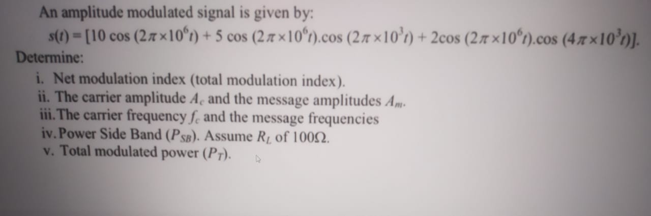 Solved An amplitude modulated signal is given | Chegg.com