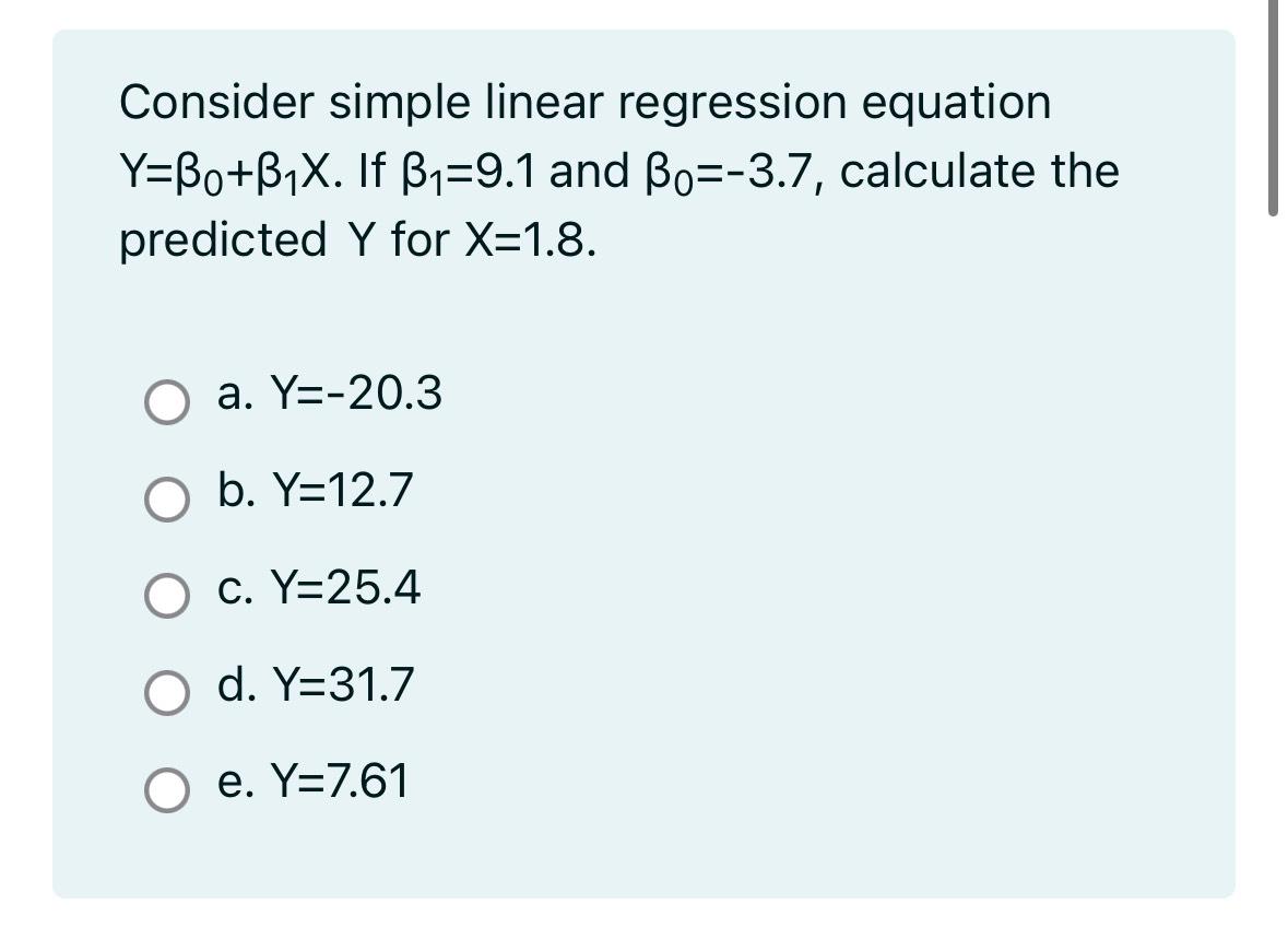 Solved Consider simple linear regression equation Y=β0+β1x. | Chegg.com