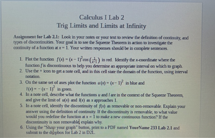 Calculus I Lab 2 Trig Limits and Limits at Infinity | Chegg.com