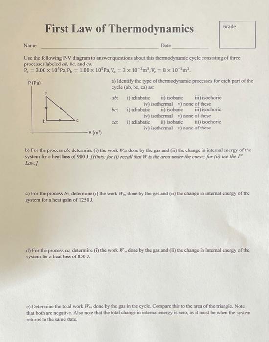 Solved First Law of Thermodynamics Grade Name Date Use the | Chegg.com