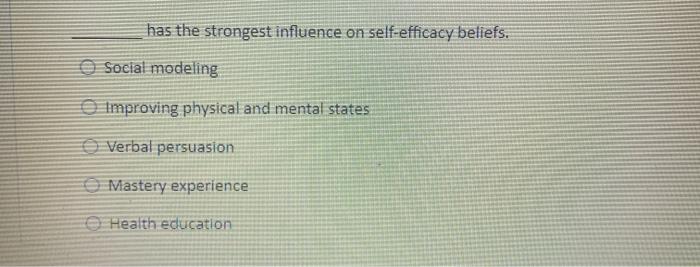 has the strongest influence on self-efficacy beliefs. Social modeling Improving physical and mental states Verbal persuasion