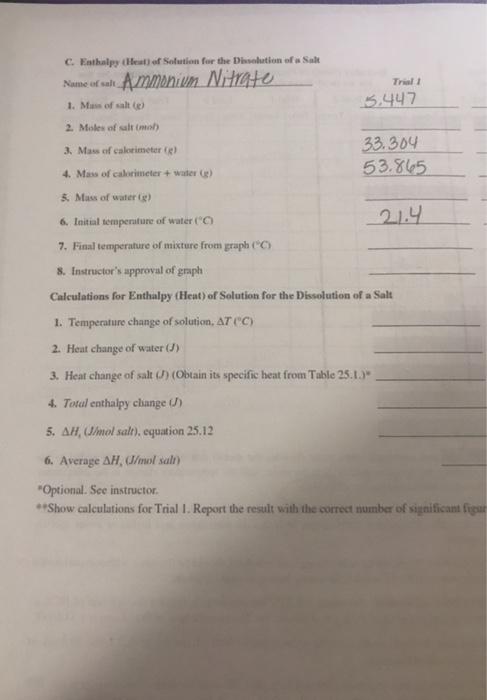 experiment 25 report sheet calorimetry