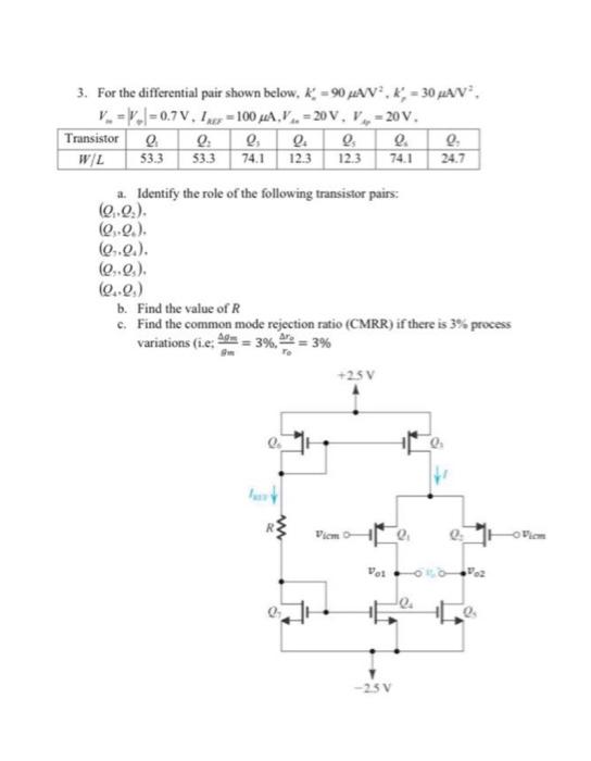 Solved 3. For the differential pair shown below, | Chegg.com