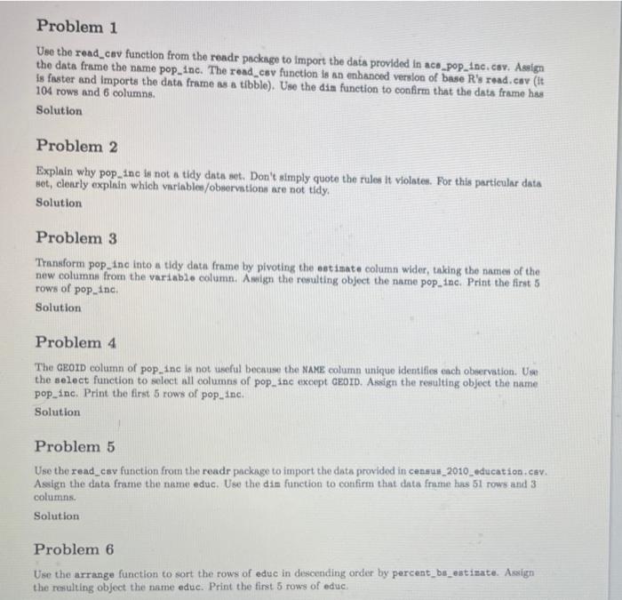 Solved Problem 1 Use the read_cev function from the readr | Chegg.com