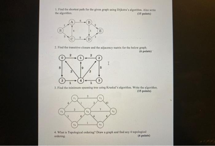 Solved 1. Find the shortest path for the given graph using | Chegg.com