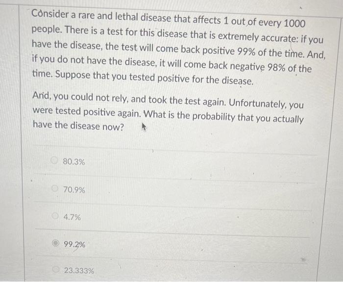Solved Consider a rare and lethal disease that affects 1 out | Chegg.com