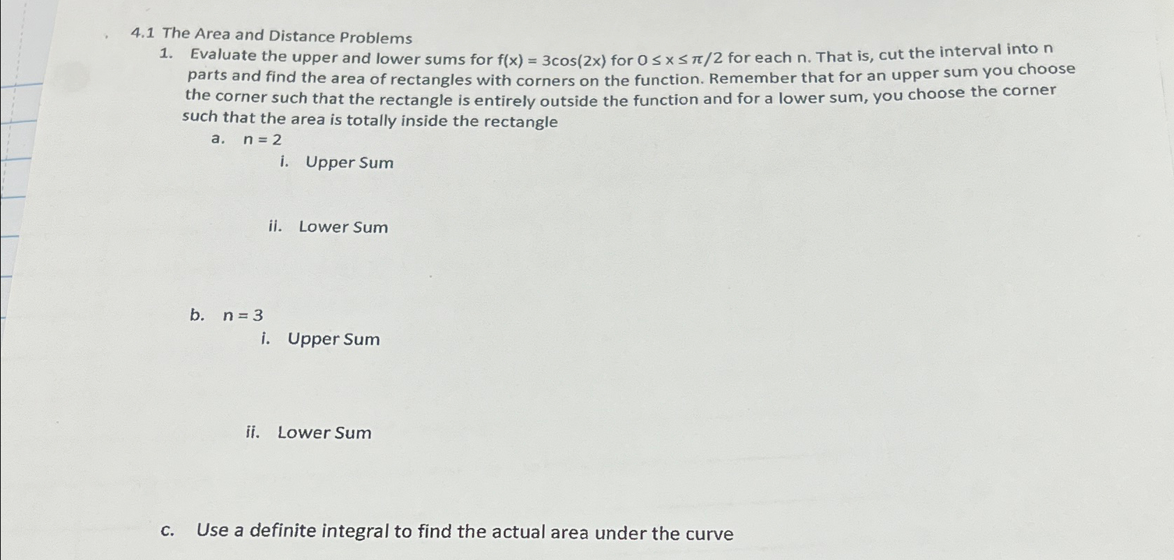 Solved 4.1 ﻿The Area and Distance ProblemsEvaluate the upper | Chegg.com