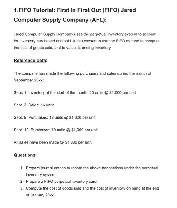 Solved Computer Supply Company (AFL) Jared Computer Supply