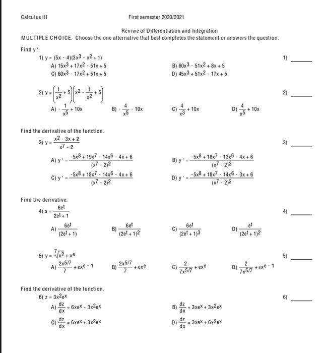 Solved Calculus 111 First semester 2020/2021 Reviwe of | Chegg.com