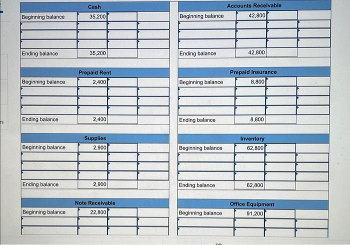 \begin{tabular}{|l|l|l|l|}
\hline \multicolumn{3}{|c|}{ Cash } \\
\hline Beginning balance & 35,200 & & \\
\hline & & & \\
\h