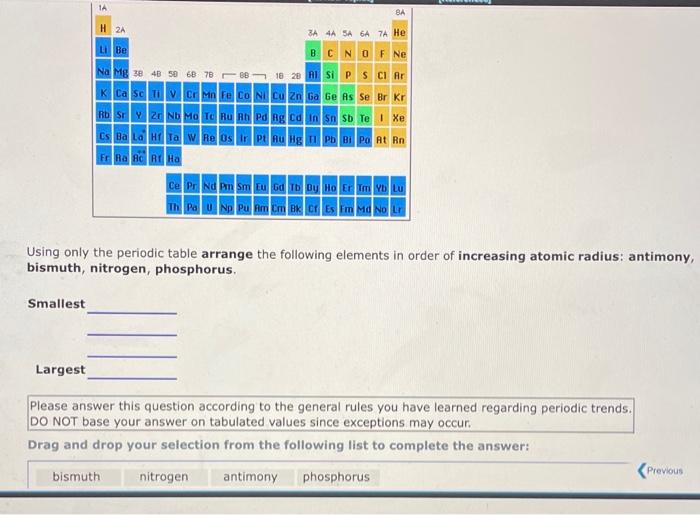 Using only the periodic table arrange the following elements in order of increasing atomic radius: antimony, bismuth, nitroge