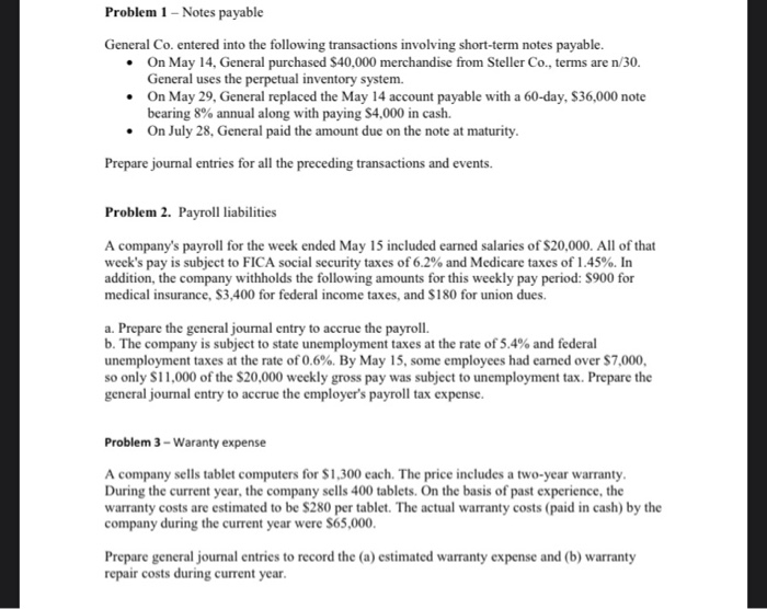 Solved Problem 1 - Notes payable General Co, entered into | Chegg.com