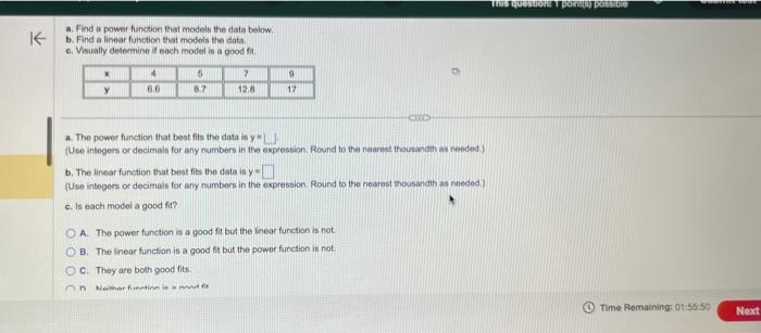 Solved a. Find a power function that modeln the data bolow. | Chegg.com
