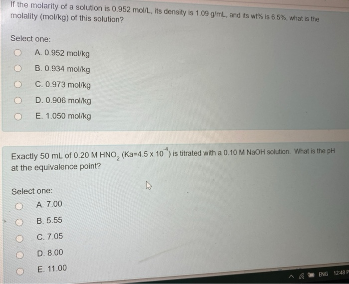 If The Molarity Of A Solution Is 0 952 Mol L Its Chegg Com