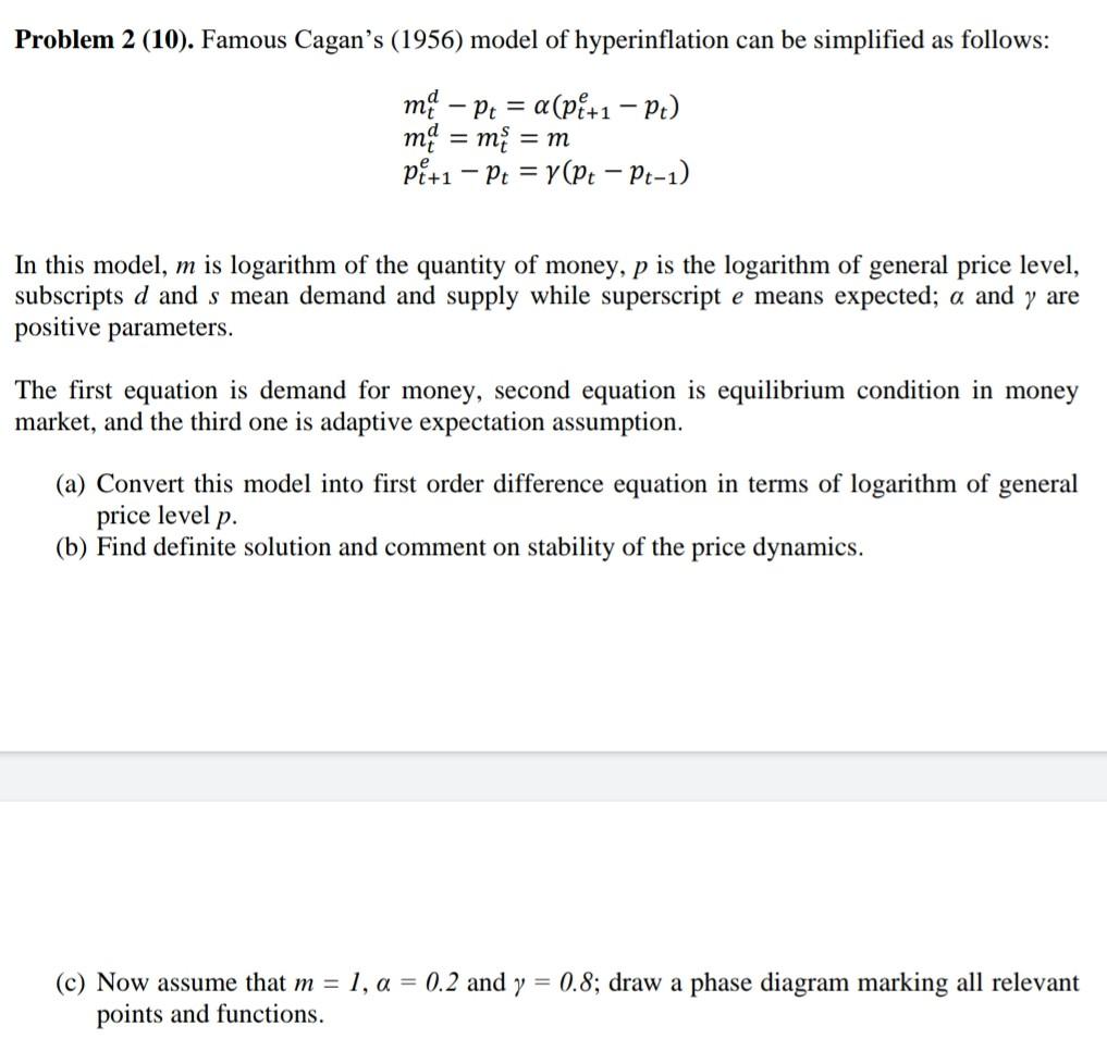 Solved Problem 2 (10). Famous Cagan's (1956) model of | Chegg.com