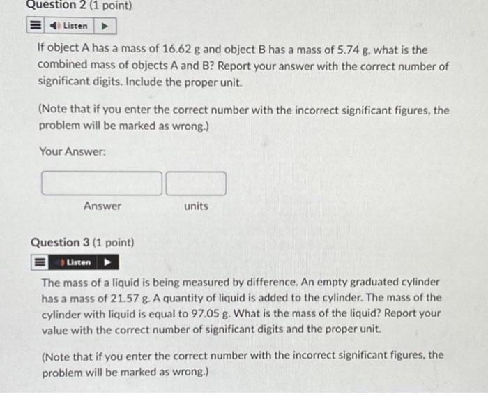 Solved If Object A Has A Mass Of 16.62 G And Object B Has A | Chegg.com