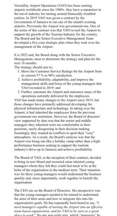 Solved Versatility Airport Operations (VAO) has been running | Chegg.com