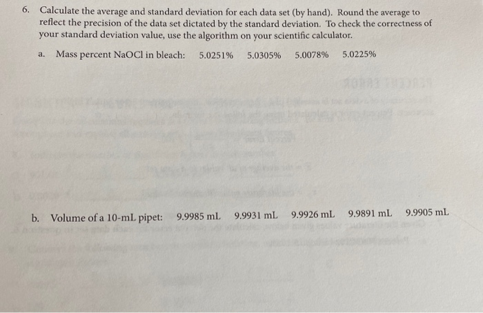 Solved 6. Calculate the average and standard deviation for | Chegg.com