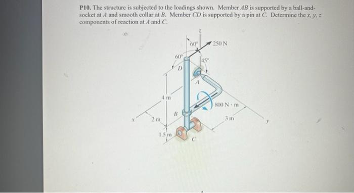 P10. The structure is subjected to the loadings shown. Member AB is supported by a ball-and-
socket at A and smooth collar at