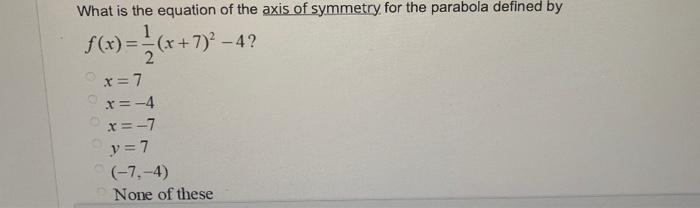 Solved What is the equation of the axis of symmetry, for the | Chegg.com
