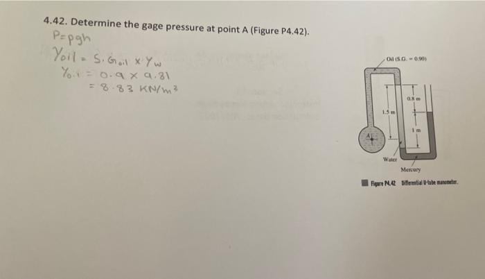 Solved 4.42. Determine the gage pressure at point A (Figure | Chegg.com