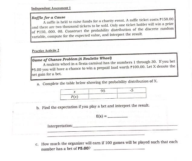 Solved Independent Assessment 1 Raffle for a Cause A name is | Chegg.com