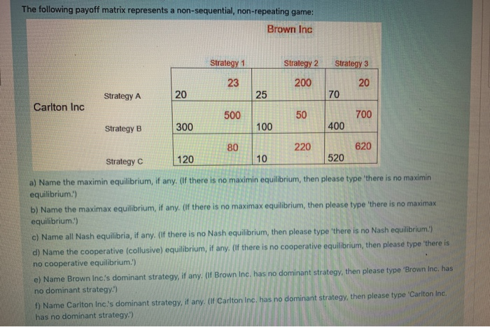 Solved The following payoff matrix represents a | Chegg.com
