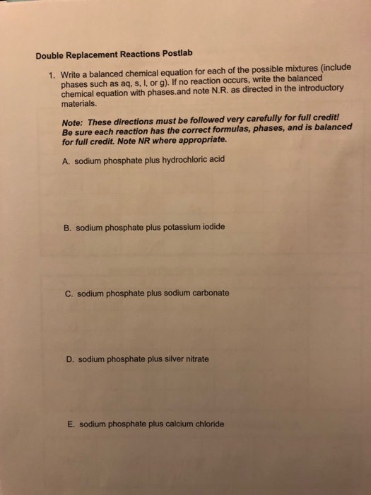 Solved Double Replacement Reactions Postlab 1. Write a | Chegg.com
