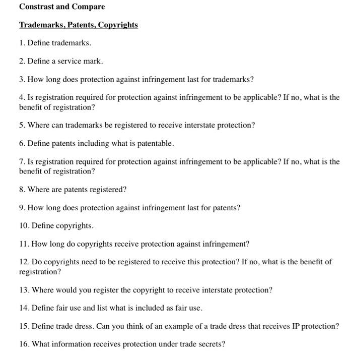 Solved Trademarks, Patents, Copyrights 1. Define trademarks.