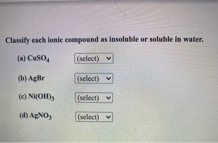 Solved Classify Each Ionic Compound As Insoluble Or Soluble Chegg Com