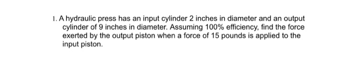 Solved 1. A hydraulic press has an input cylinder 2 inches | Chegg.com