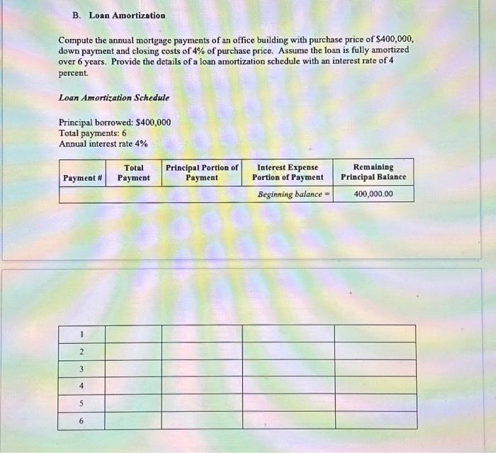 Compute the annual mortgage payments of an office building with purchase price of \( \$ 400,000 \), down payment and closing