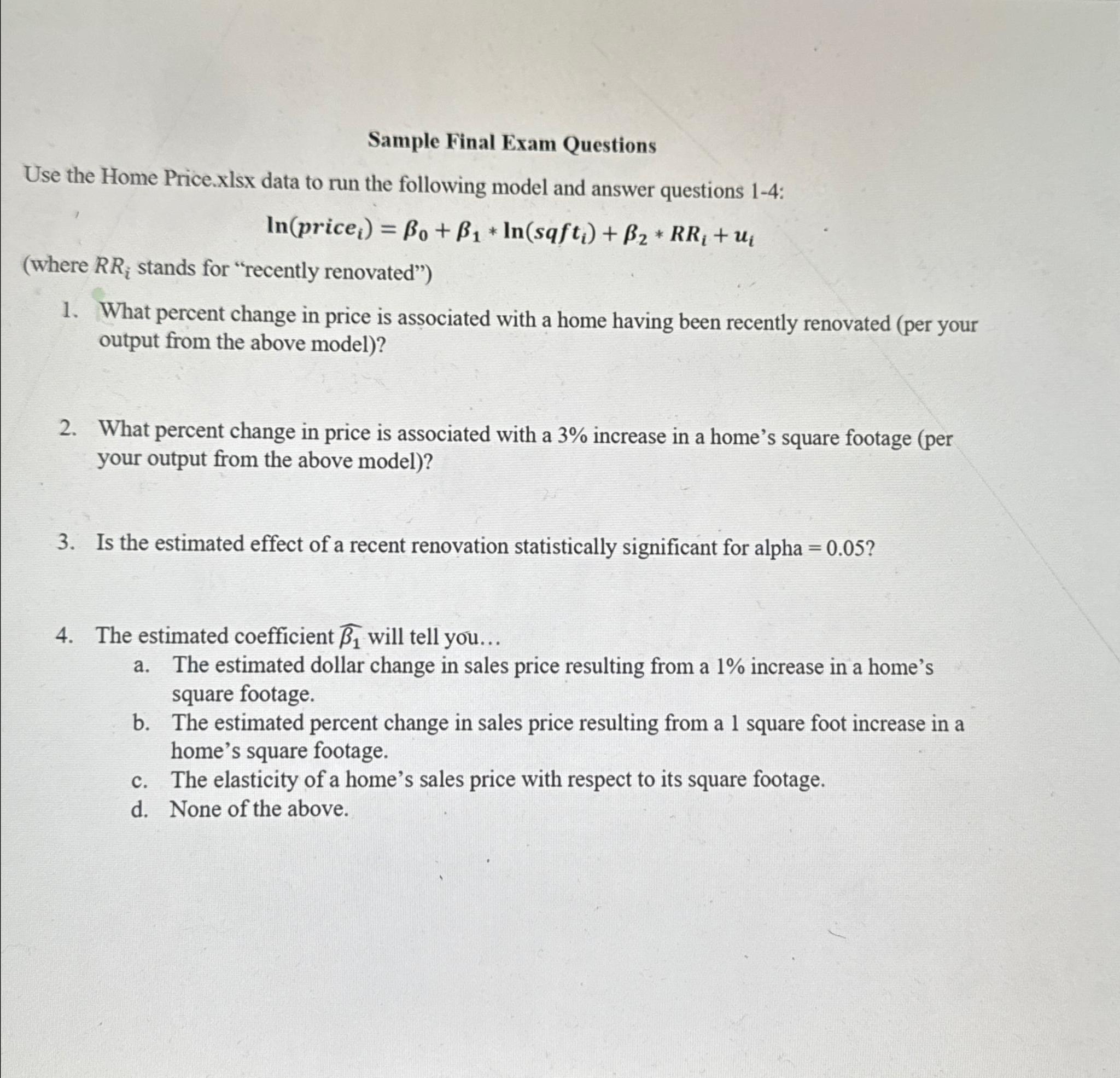 Solved Sample Final Exam QuestionsUse the Home Price.xlsx | Chegg.com