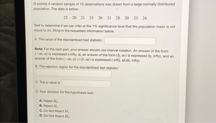 Solved (5 Points) A Random Sample Of 10 Observations Was | Chegg.com