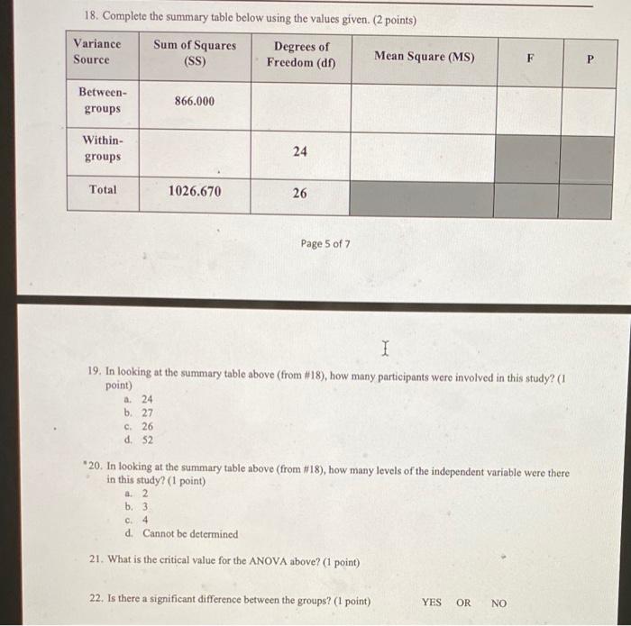 Solved 18. Complete the summary table below using the values | Chegg.com