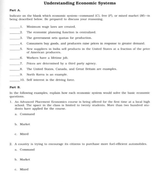 Solved 3. Understanding Economic Systems Part A. Indicate on | Chegg.com