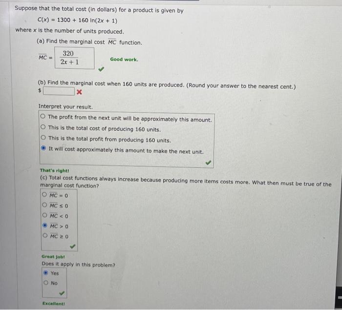 Solved Suppose that the total cost (in dollars) for a | Chegg.com