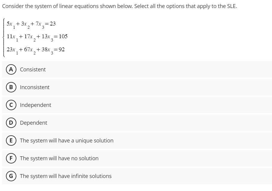 Solved Consider the system of ﻿linear equations shown below. | Chegg.com