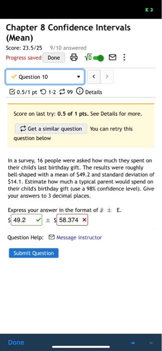 Solved Chapter 8 Confidence intervals (Mean) Score: 23.5/25 | Chegg.com