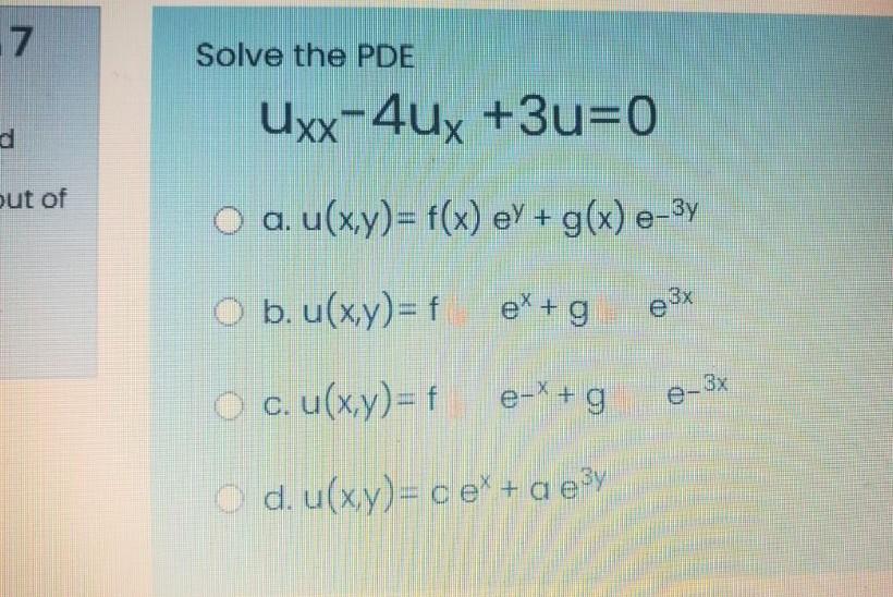 Solved 7 Solve The Pde Uxx 4ux 3u 0 But Of O A U X Y F Chegg Com