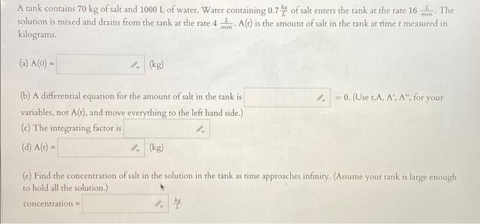 Solved min A tank contains 70 kg of salt and 1000 L of | Chegg.com